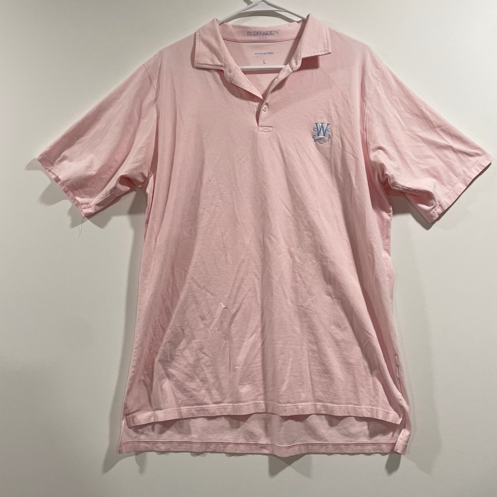 B. Draddy Mens‎ Pima Cotton Polo Shirt Pink Striped CWC 1908 Golf Large L